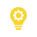 Yellow light bulb icon featuring a gear symbol inside on a black background.