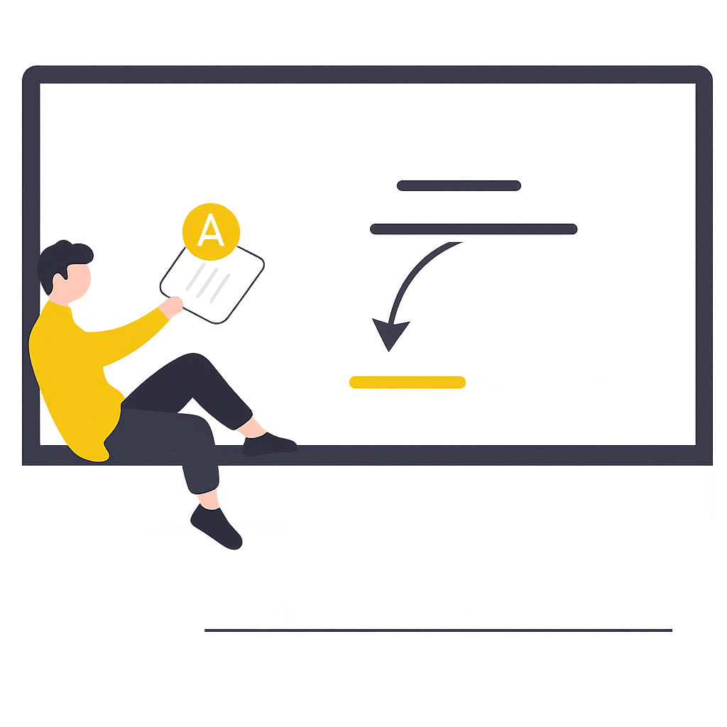 ADA-konforme WordPress-Websites - gebaut für das US-Recht 6 Illustration einer Person, die ein Dokument hält und neben einer Tafel mit Linien und Pfeilen sitzt.