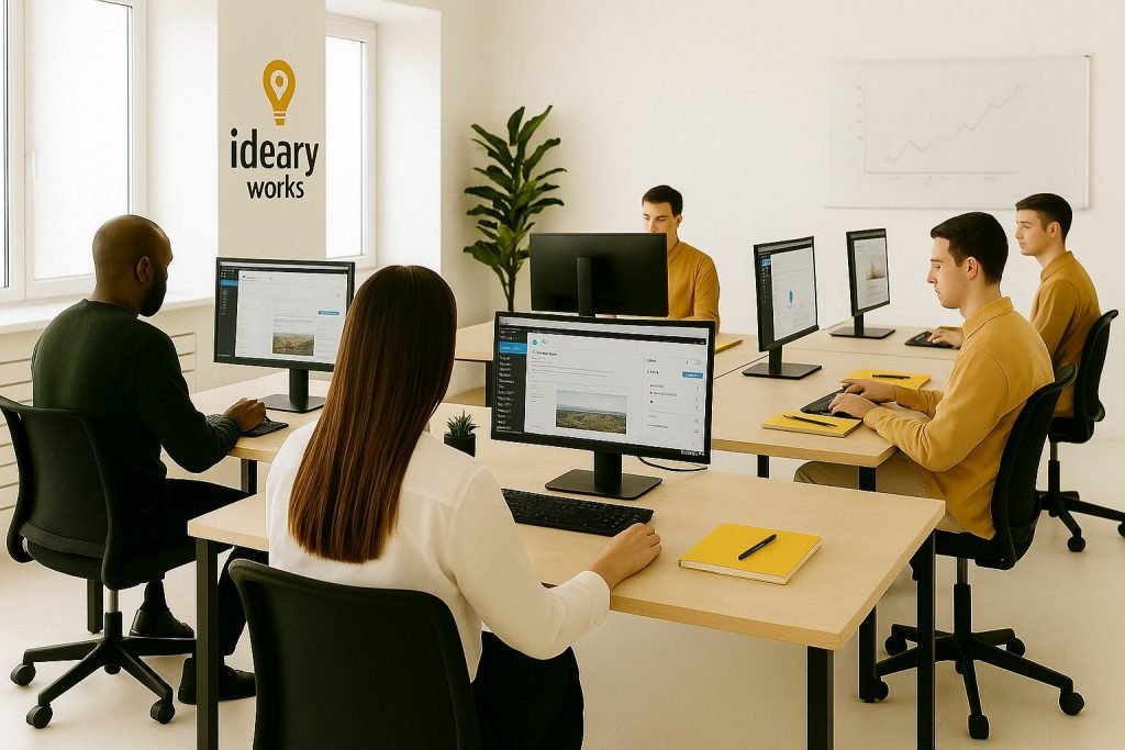 Kundenspezifisches WordPress-Webdesign USA - Sicher und SEO-gerecht 6 Gruppe von Personen, die in einer modernen Büroumgebung an Computern arbeiten, mit einem Logo an der Wand.