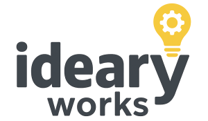 Logo of Ideary Works featuring a light bulb and gear icon in yellow on a dark background.