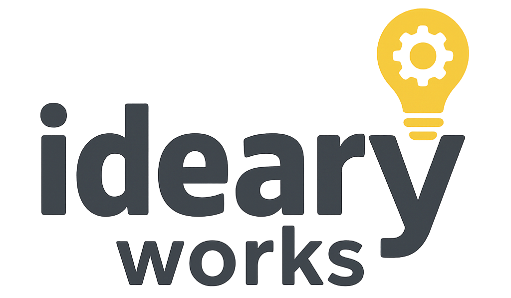 Logo of Ideary Works featuring a light bulb and gear icon in yellow on a dark background.