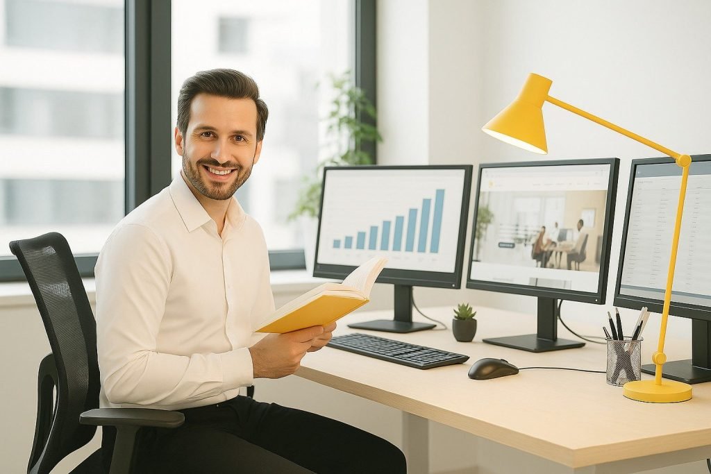 Kundenspezifisches WordPress-Webdesign USA - Sicher und SEO-gerecht 7 Mann sitzt an einem Schreibtisch in einem Büro, hält ein Buch in der Hand, mehrere Computerbildschirme zeigen Grafiken an.