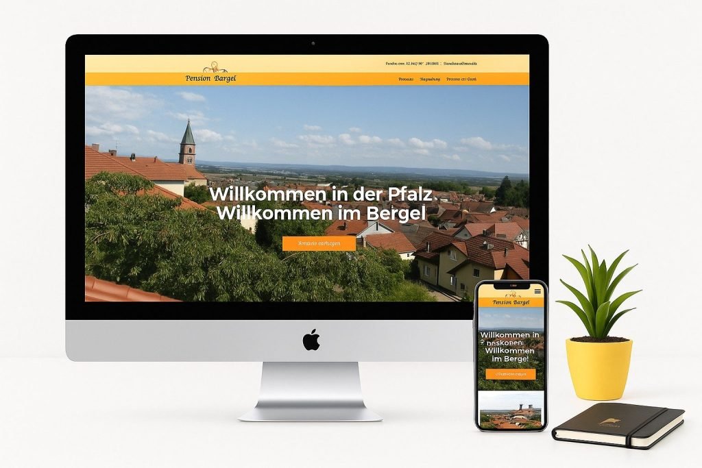 Kundenspezifisches WordPress-Webdesign USA - Sicher und SEO-gerecht 8 Desktop- und Mobil-Mockup einer Website für Pension Bergel mit malerischer Aussicht im Hintergrund.