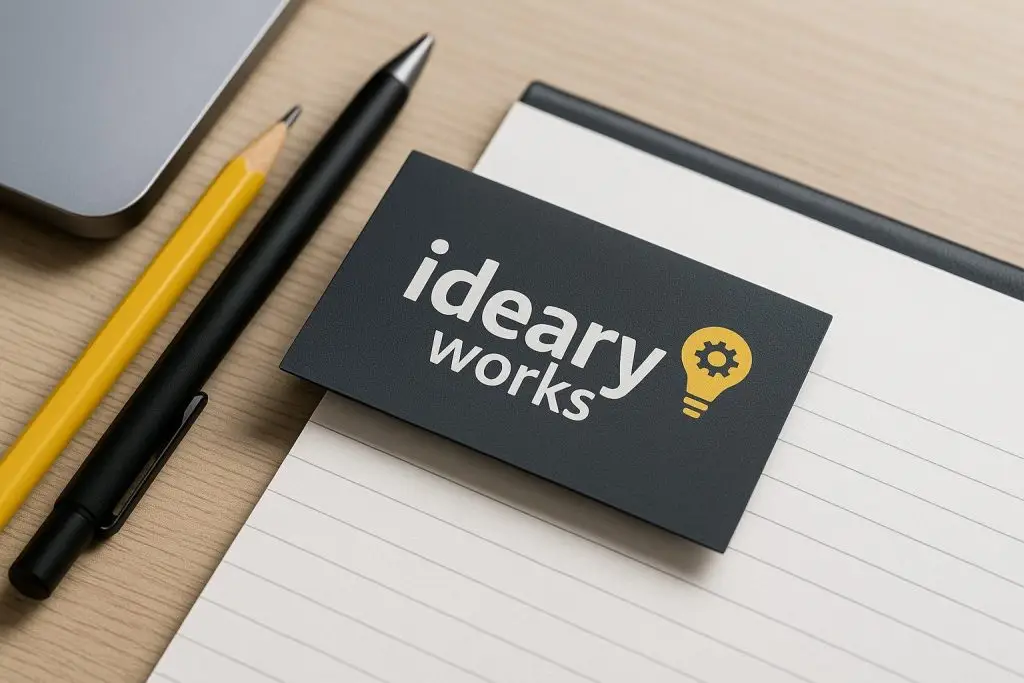 Close-up of "ideary works" business card with lightbulb on a notebook next to writing instruments and a computer.