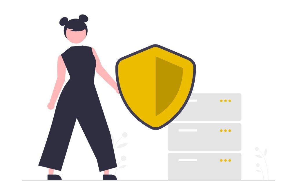 WordPress-Wartung in den USA - sicher, schnell und mühelos 5 Illustration einer Frau in schwarzem Gewand, die ein gelbes Schild neben drei grauen Servereinheiten hält.