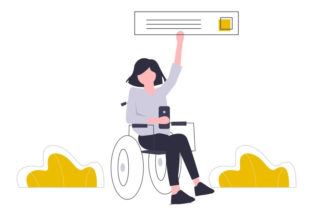 ADA-konforme WordPress-Websites - gebaut für das US-Recht 5 Eine Person im Rollstuhl hält ein Schild hoch, während sie in einer Hand ein Smartphone hält.