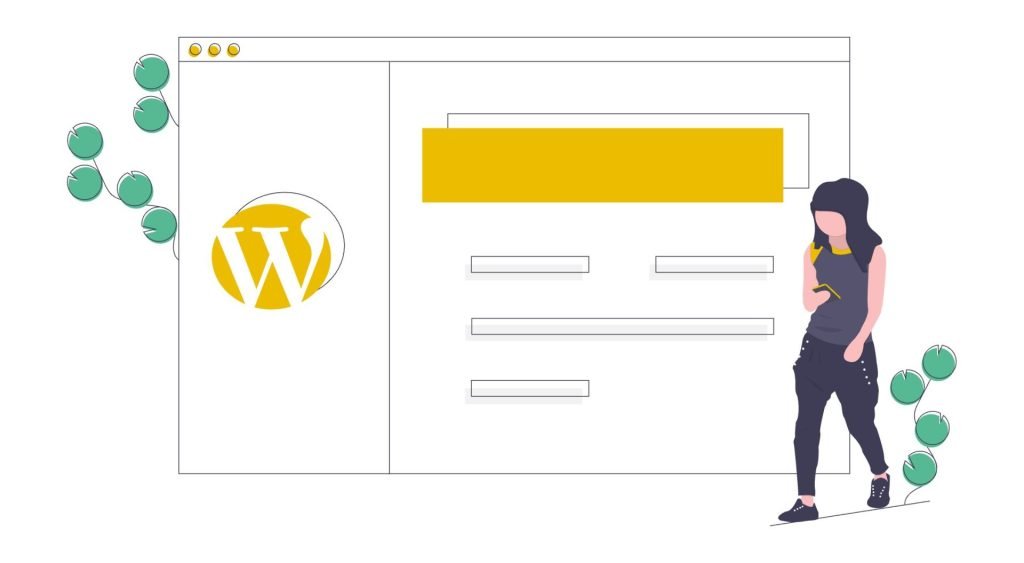 WordPress-Services von Experten in den USA - Design, Wartung und Sicherheit 5 Illustration einer WordPress-Benutzeroberfläche mit einer daneben stehenden Figur.