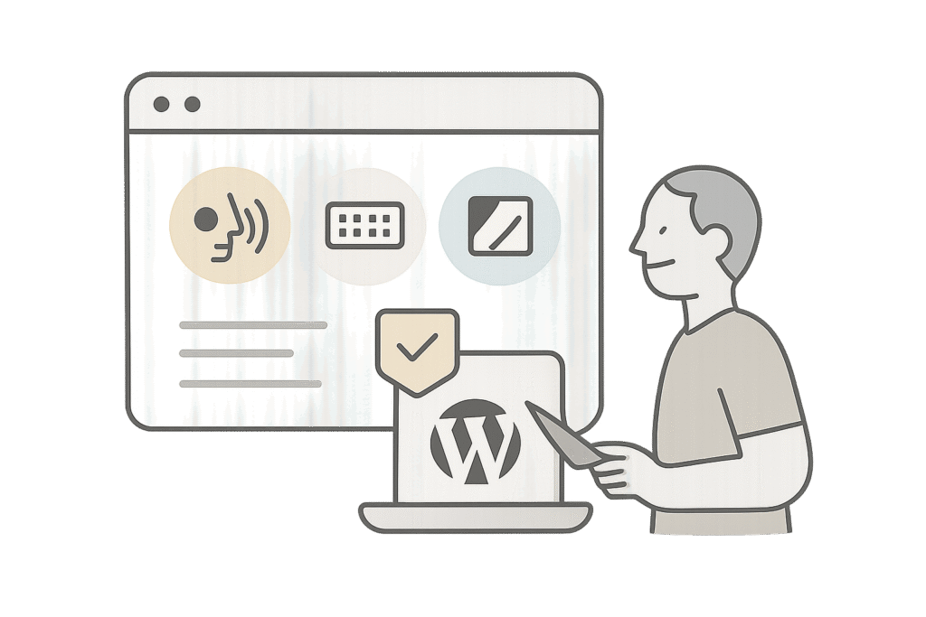 WordPress Maintenance USA – Secure, Fast & Hassle-Free 4 Illustration of a person working on a WordPress website with accessibility and other features.