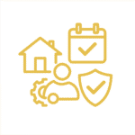 Expert WordPress Services in the USA – Design, Maintenance & Security 8 Glowing neon-yellow icons of a house, calendar, person, shield, and gear represent comprehensive service or planning.