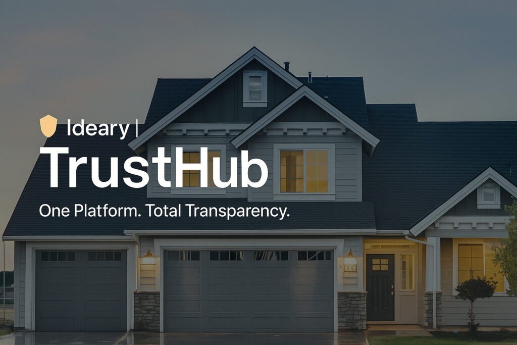 Toma exterior de una casa de dos plantas bien cuidada al atardecer, promocionando Ideary TrustHub.