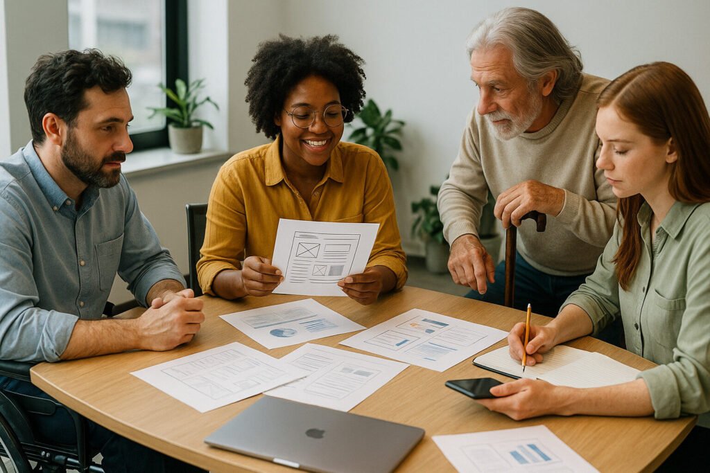 Group of four diverse people, including a wheelchair user, collaborate on designs around a table in a bright office.