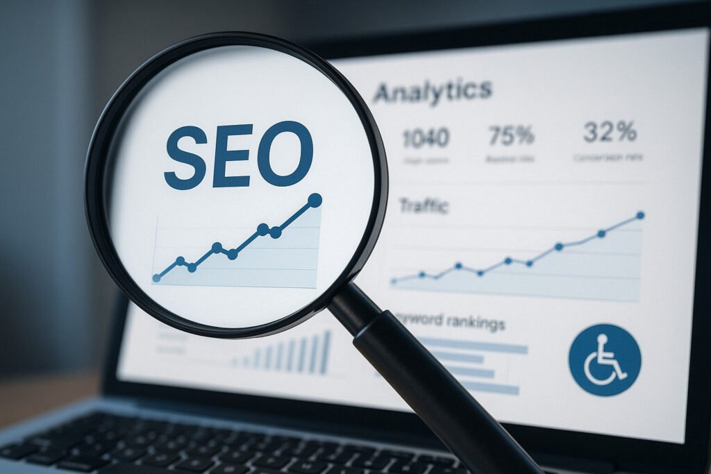 Magnifying glass focuses on the word SEO above an upward trending line chart on a laptop screen. Analytics data shown.