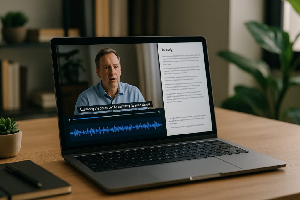 Laptop displaying a video with captions and transcript, situated on a wooden desk next to a notebook.