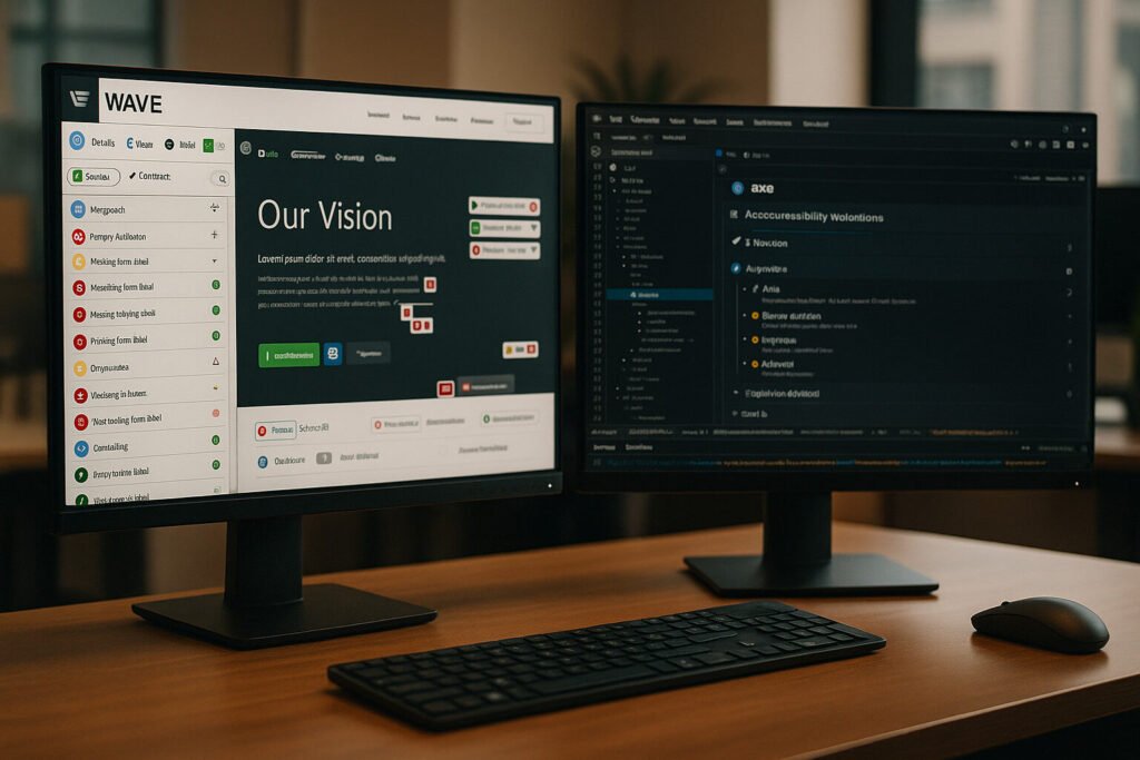 Two computer monitors display software code and a 'Our Vision' project interface, with a keyboard and mouse on a wooden desk.