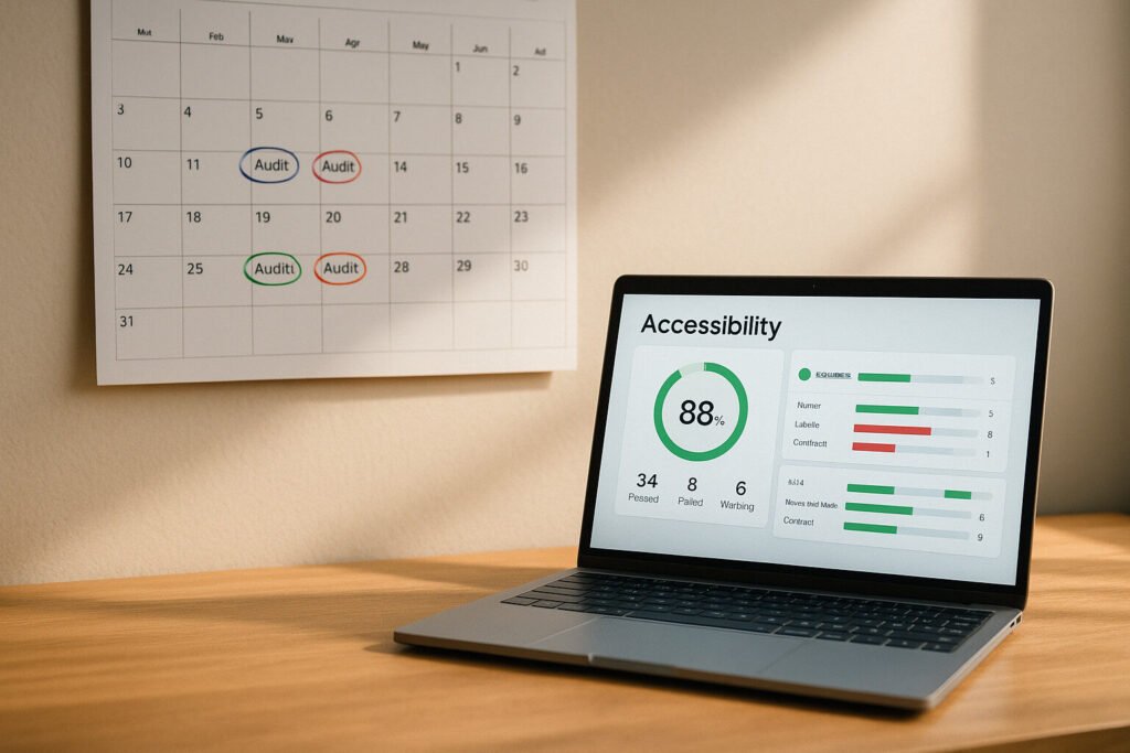 A calendar marked with 'Audit' and a laptop displaying an accessibility report with an 88% success rate.