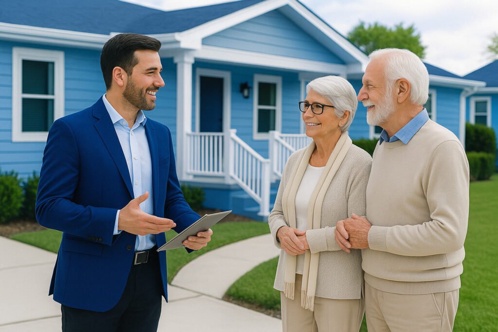 Agente inmobiliario enseñando una casa azul a una pareja mayor. Sonríen y se cogen de la mano.