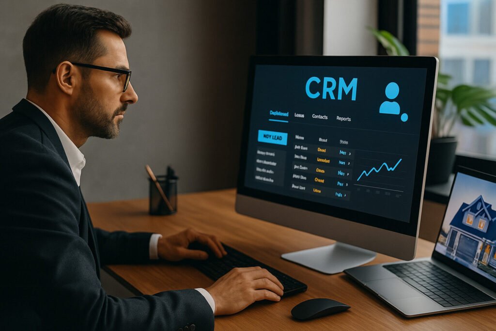 Man in suit using CRM software on computer with house on laptop; CRM dashboard showing lead data and reports.