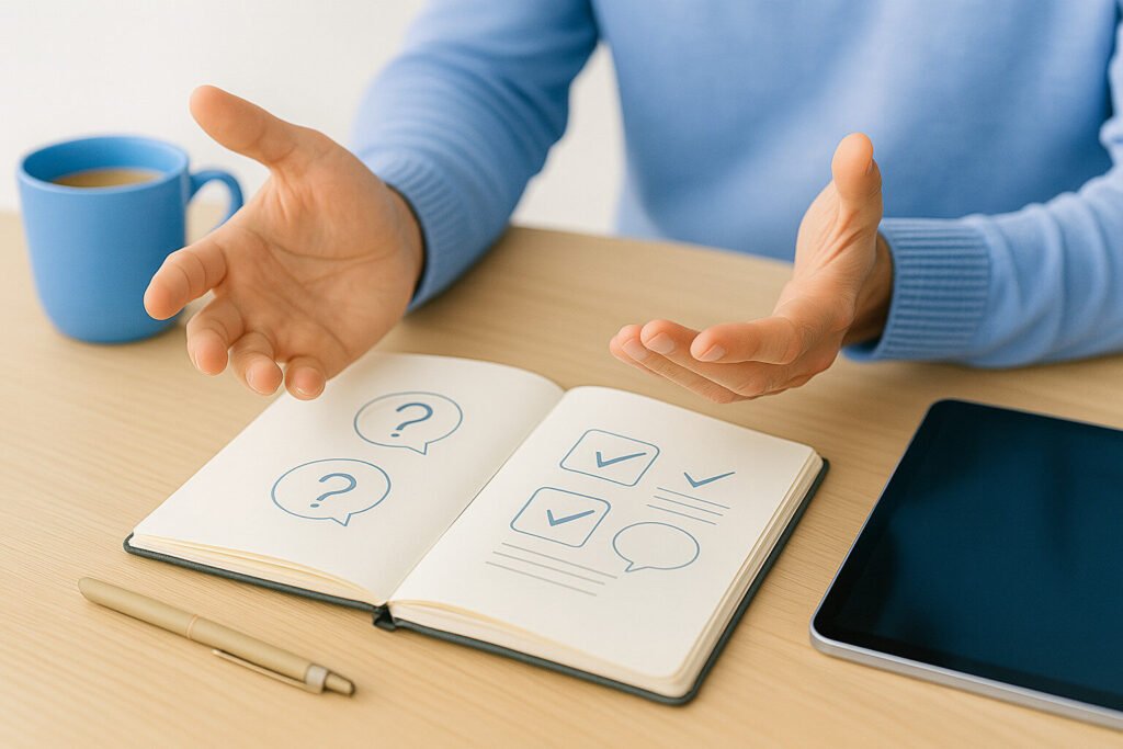 WordPress Maintenance USA – Secure, Fast & Hassle-Free 6 Open notebook with check boxes and question marks, hands gesturing, cup of coffee, tablet, pen on desk.
