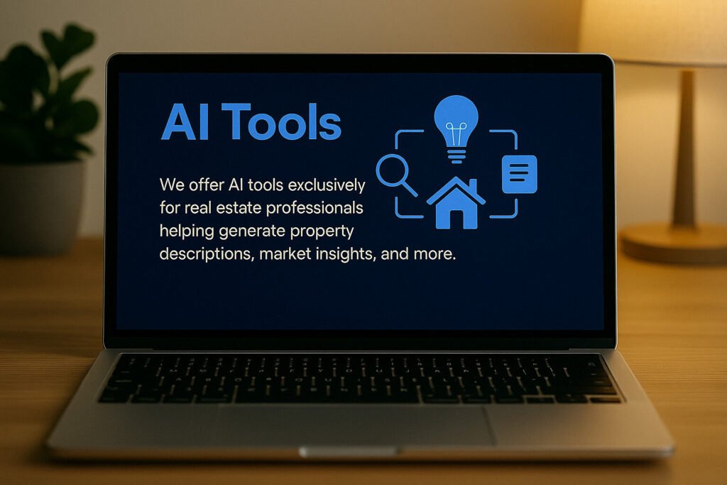 Laptop screen displaying AI tools for real estate with icons representing search, idea, property, and data.