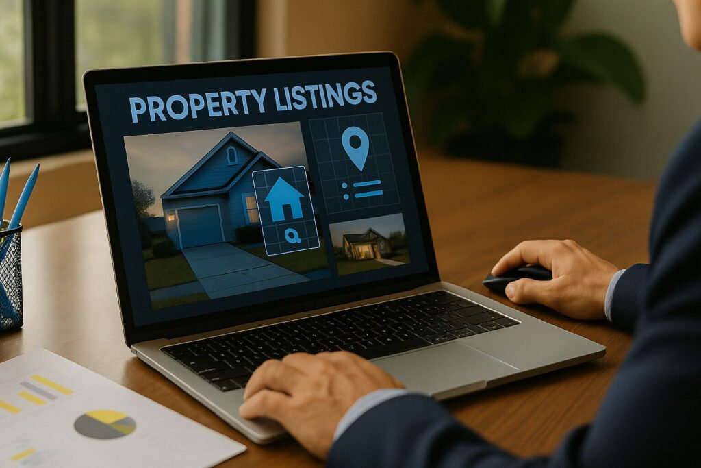Person using a laptop to view property listings with house and map icons on the screen.