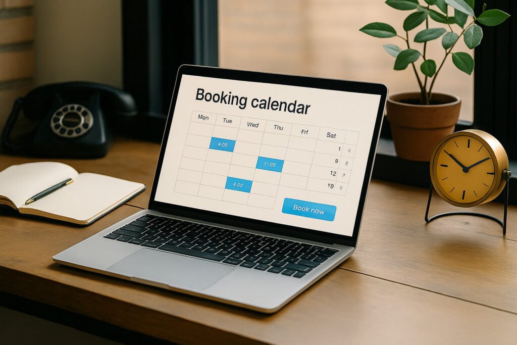 Open laptop displaying a booking calendar interface next to a notebook, pen, and clock on a wooden desk.