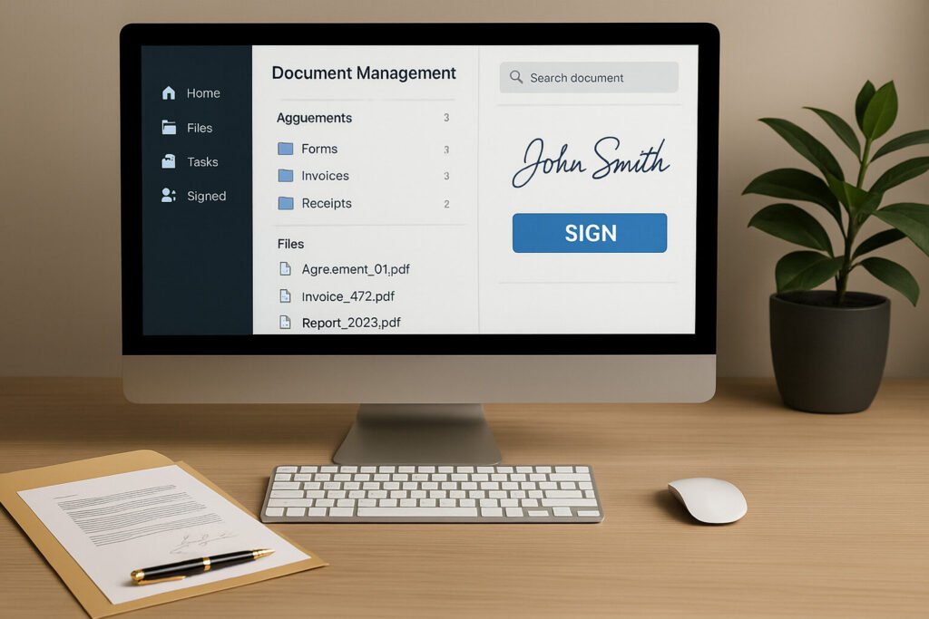 Desktop computer showing a document management system and a signature request for John Smith, with a document and pen below.