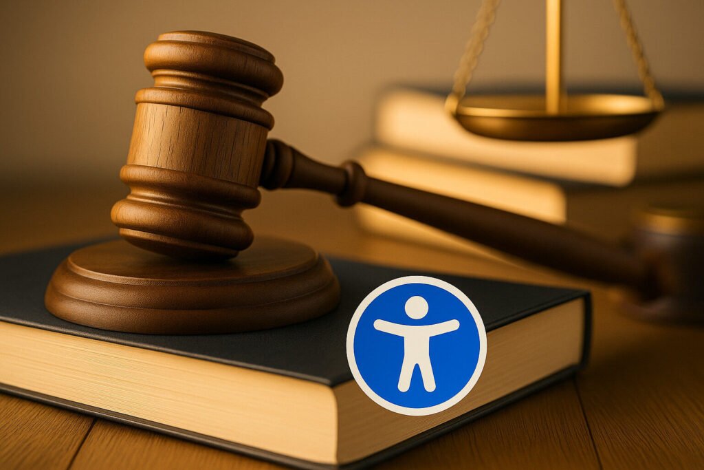 Gavel and scales on books with an accessibility sticker showing a person with arms outstretched.