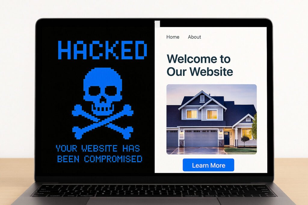 WordPress Hacked? Fast & Secure Malware Removal 2 Laptop displaying a hacked website with a skull and crossbones graphic next to a home sales website.