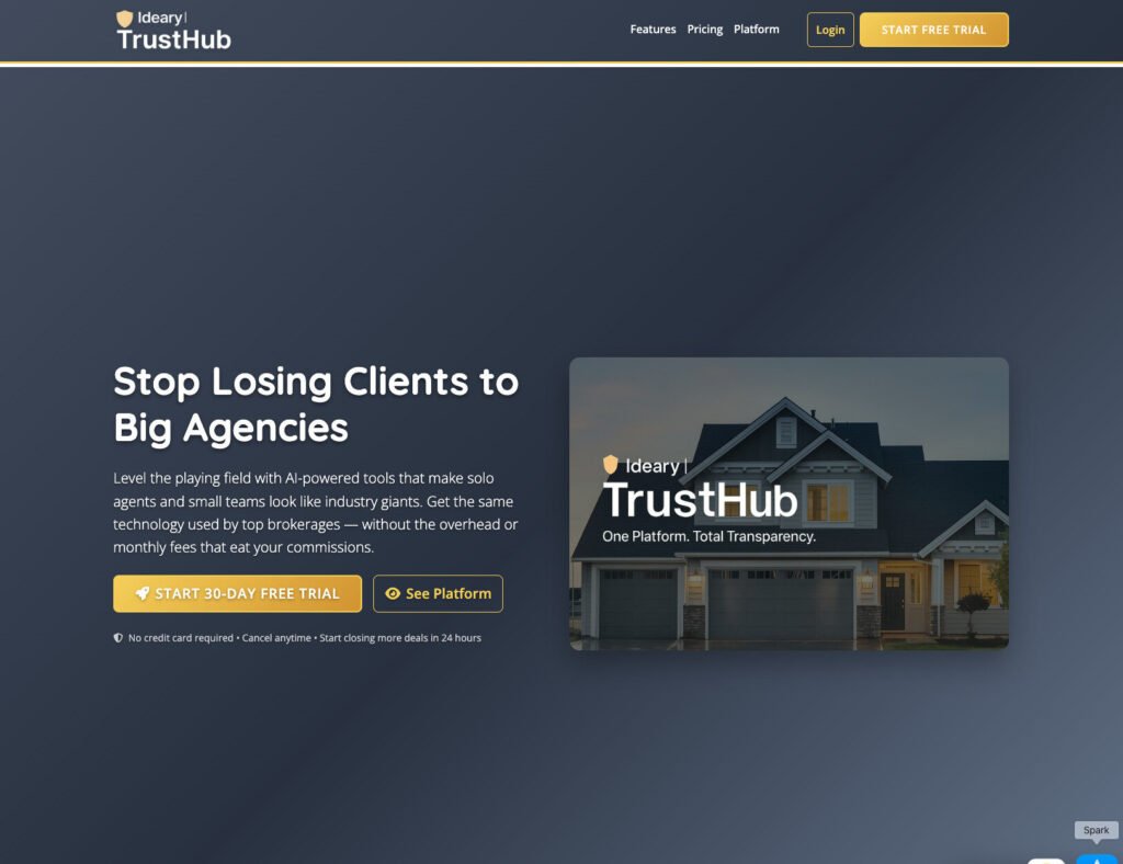 Logotipo y casa de TrustHub; nivela el campo de juego con herramientas potenciadas por IA para agentes y equipos inmobiliarios.