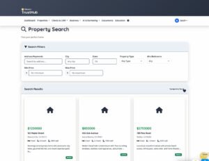 TrustHub's property search page with filters and results displayed, showing listings in Beverly Hills, Santa Monica and Malibu, CA.