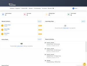 Panel de TrustHub que muestra contactos, clientes potenciales, tareas y actividad reciente.