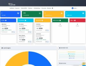 Panel de TrustHub con resúmenes de clientes potenciales, gráficos de análisis y herramientas de automatización mostradas en una interfaz de usuario.