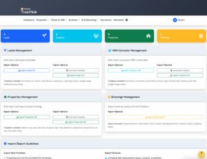 Panel de TrustHub que muestra clientes potenciales, contactos, propiedades y gestión de presentaciones con opciones de importación/exportación.