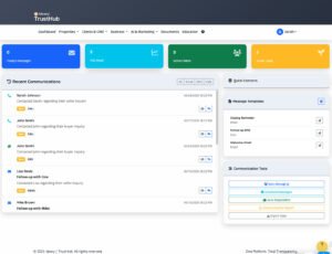 Panel de TrustHub que muestra mensajes, clientes potenciales, datos de clientes, comunicaciones recientes y herramientas de comunicación.