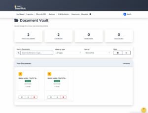TrustHub Document Vault muestra el total de documentos, contratos, inspecciones y divulgaciones.