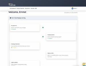 Panel de TrustHub que muestra el proceso de compra de una vivienda por parte de Emma, con pasos como la aprobación previa y la búsqueda de la propiedad marcados como completados.