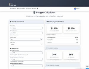 Captura de pantalla de la calculadora de presupuestos de Idealy TrustHub, que muestra los detalles de la compra de una vivienda, el desglose de los pagos mensuales y las pautas de asequibilidad.