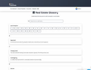 Captura de pantalla de la página del glosario inmobiliario de TrustHub, en la que se muestran términos y definiciones.