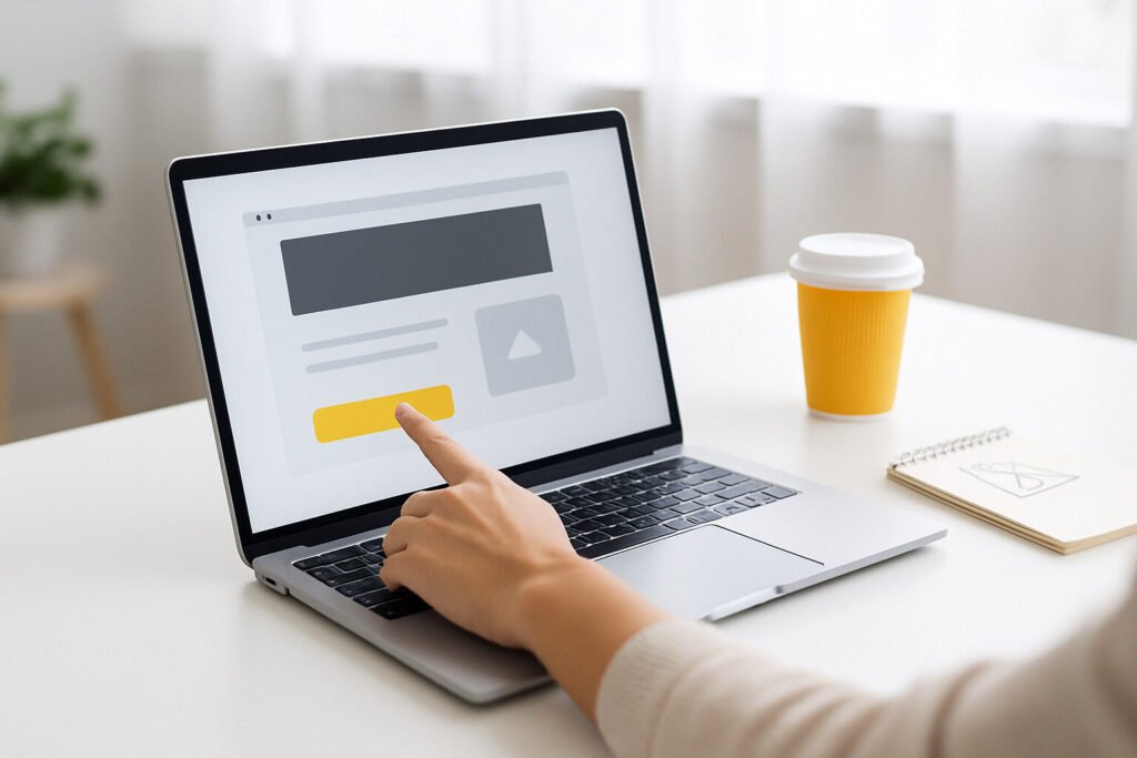 Finger points to button on laptop displaying a website layout. Coffee and notepad are next to it.