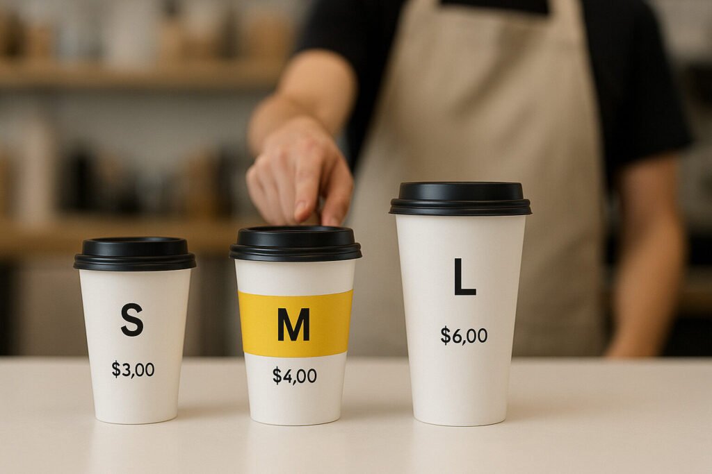 Three coffee cups labeled S, M, and L with prices, barista's hand near the M size.