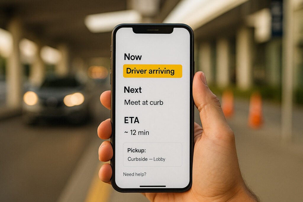 A phone displays a ride-hailing app showing the driver is arriving with an ETA of 12 minutes at curbside pickup.