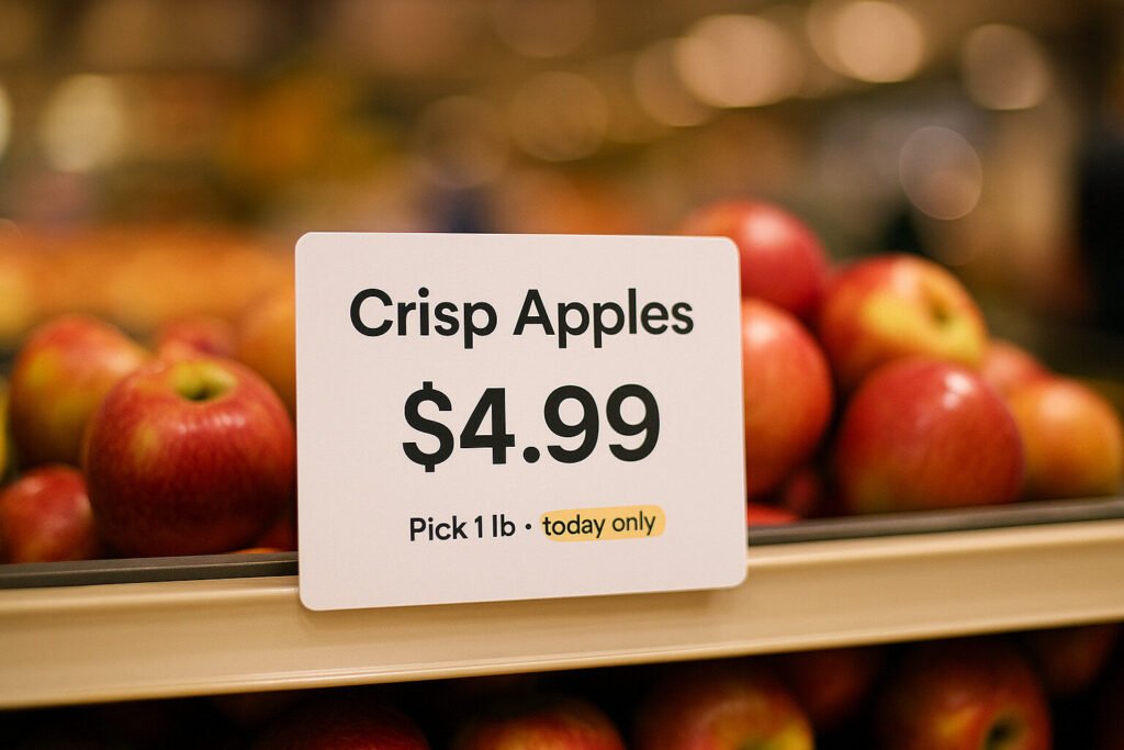 Crisp apples on sale for $4.99 a pound today only, displayed on a shelf in a grocery store.