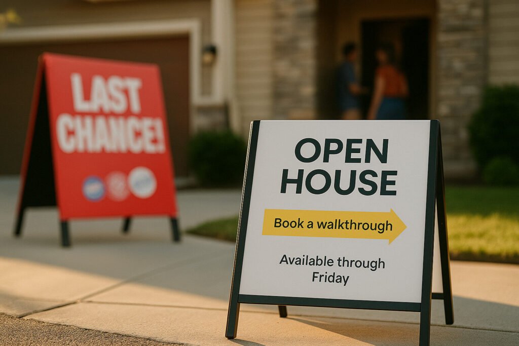 Open house sign and a last chance sign in front of a house with people at the door.