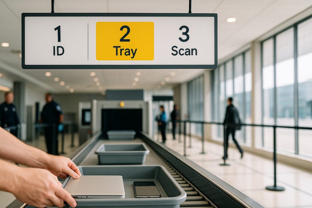 At airport security, a person places a laptop in a bin on a conveyor belt. Signs indicate ID, Tray, and Scan.