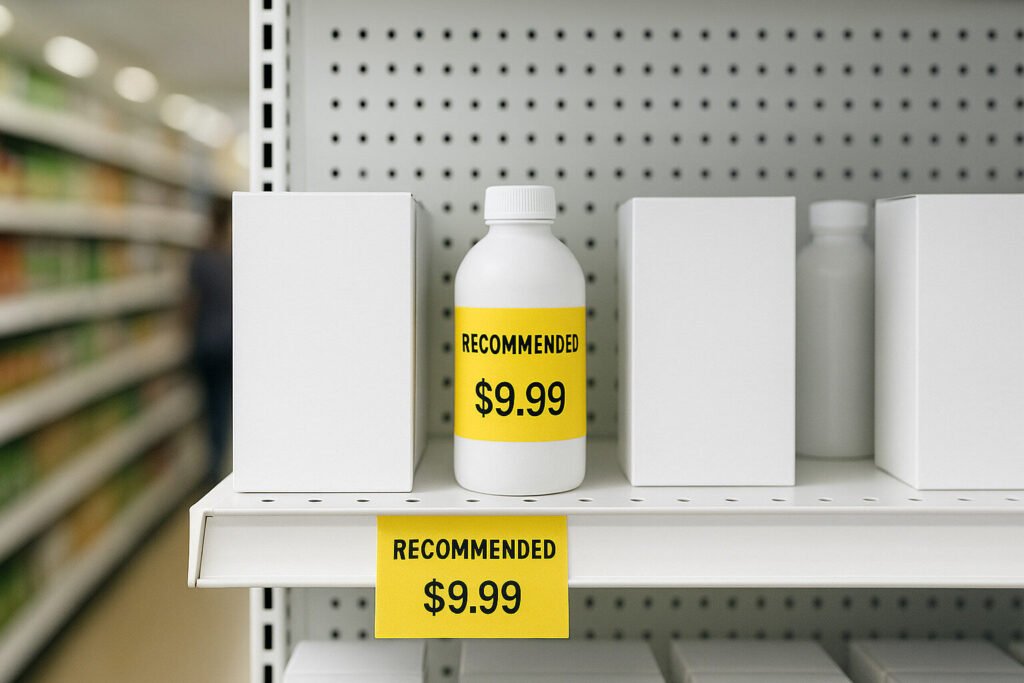 White bottle with a yellow "Recommended $9.99" label sits on a shelf with white boxes.