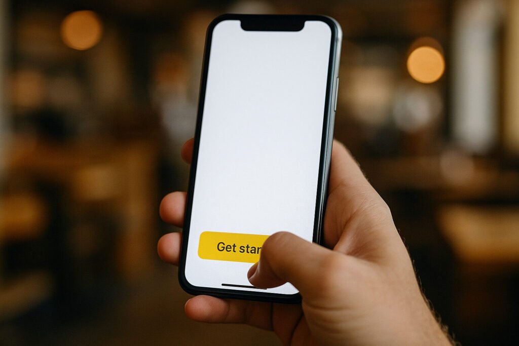 Hand taps a 'Get Started' button on a phone with a blank, white screen, on a blurred background.