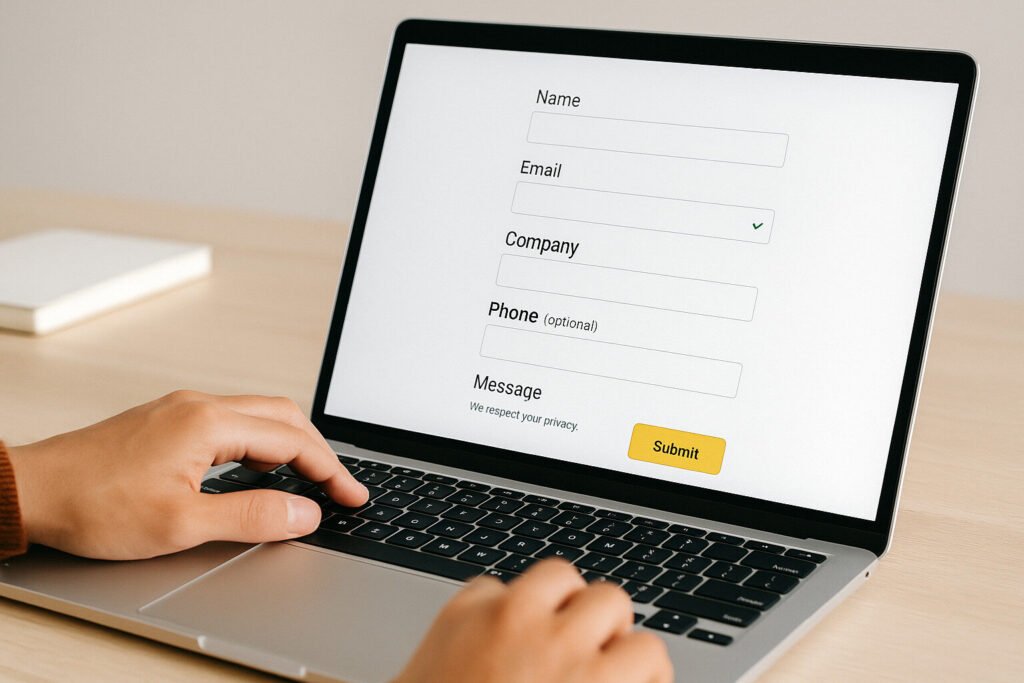 Hands typing on laptop displaying a contact form with fields for name, email, company, phone, and message.