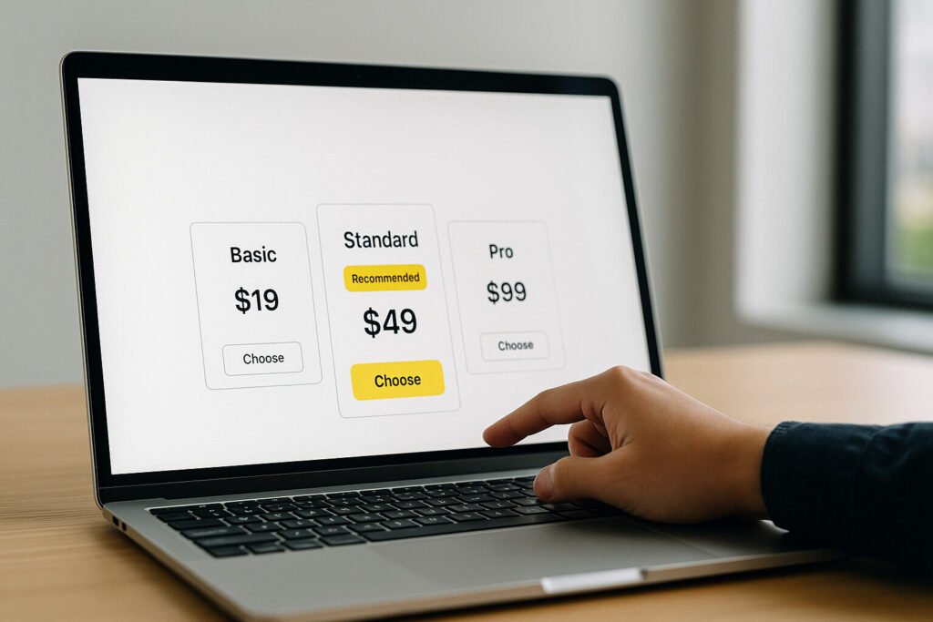 Person selecting 'Standard' plan, priced at $49, on a laptop showing tiered pricing options.
