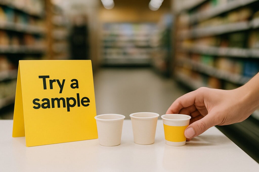 Hand selecting a sample cup next to a sign saying 'Try a sample' in a grocery store aisle.