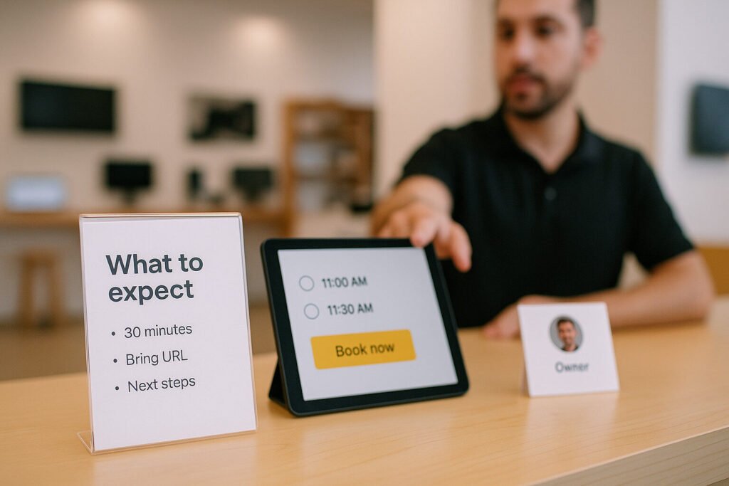 Scheduling kiosk showing available appointment times with an assistant pointing to the booking screen.